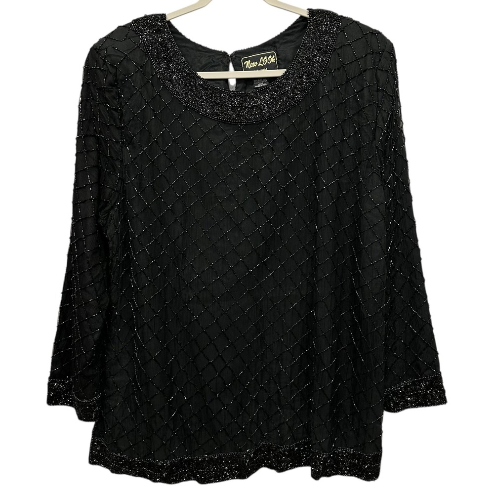 NWT New Look Shirt‎ Womens 3XL Black Pure Silk Beaded Evening Party Top